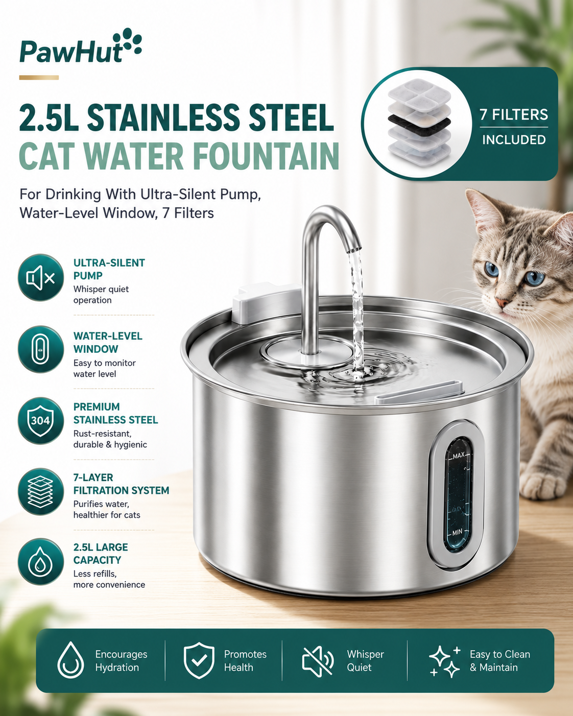 PawHut 2.5L Stainless Steel Cat Water Fountain For Drinking With Ultra-Silent Pump, Water-Level Window, 7 Filters