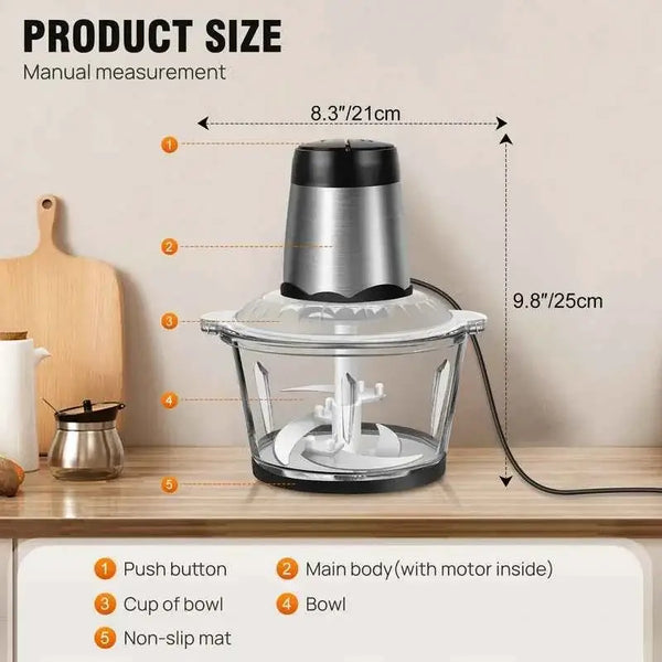 🥩 300W Electric Meat Grinder & Food Processor – 2L Glass Bowl Multi Blender & Vegetable Chopper