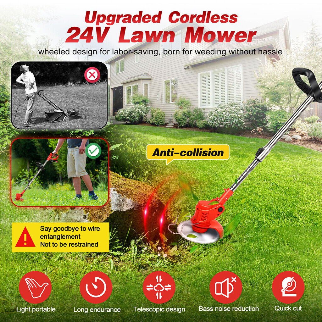 24V Cordless Electric Grass Trimmer, Weed Cutter & Strimmer Set with Wheels, 2 Batteries Included