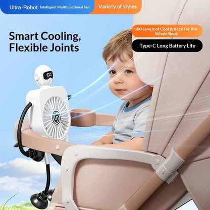 Robot Fan USB Rechargeable Desk Fan Mini Digital Display Table Fan With Suction Cup Portable Cooling Office Car Travel