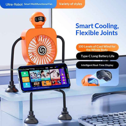 Robot Fan USB Rechargeable Desk Fan Mini Digital Display Table Fan With Suction Cup Portable Cooling Office Car Travel