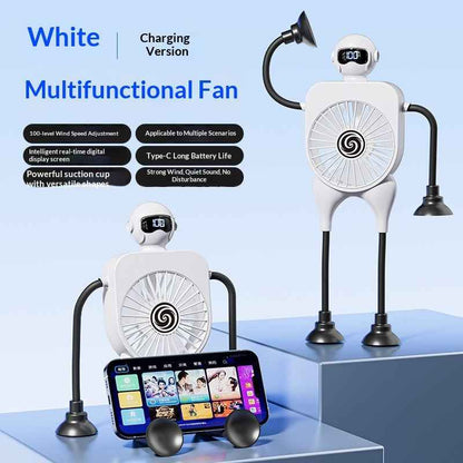 Robot Fan USB Rechargeable Desk Fan Mini Digital Display Table Fan With Suction Cup Portable Cooling Office Car Travel