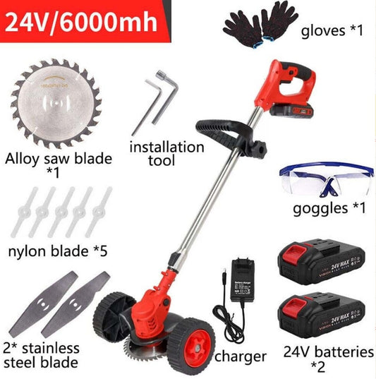 24V Cordless Electric Grass Trimmer, Weed Cutter & Strimmer Set with Wheels, 2 Batteries Included