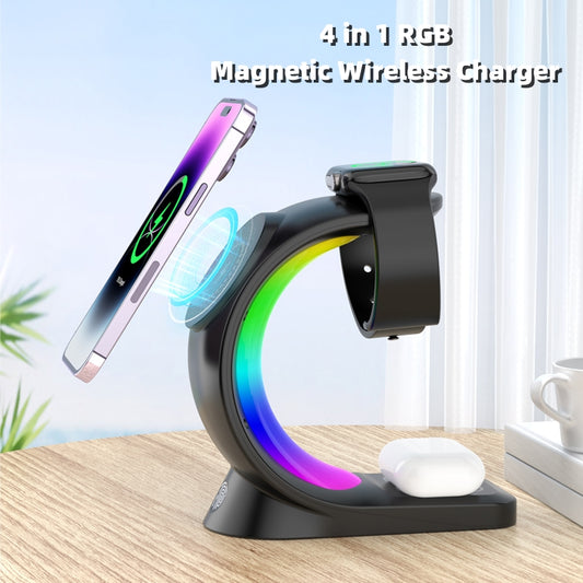 4-in-1 Magnetic Wireless Fast Charging Station with Ambient Light for Smartphone, AirPods Pro & iPhone Watch