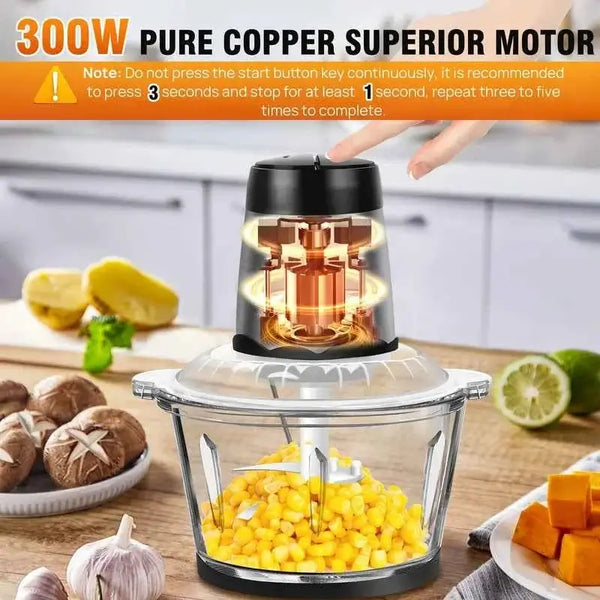🥩 300W Electric Meat Grinder & Food Processor – 2L Glass Bowl Multi Blender & Vegetable Chopper