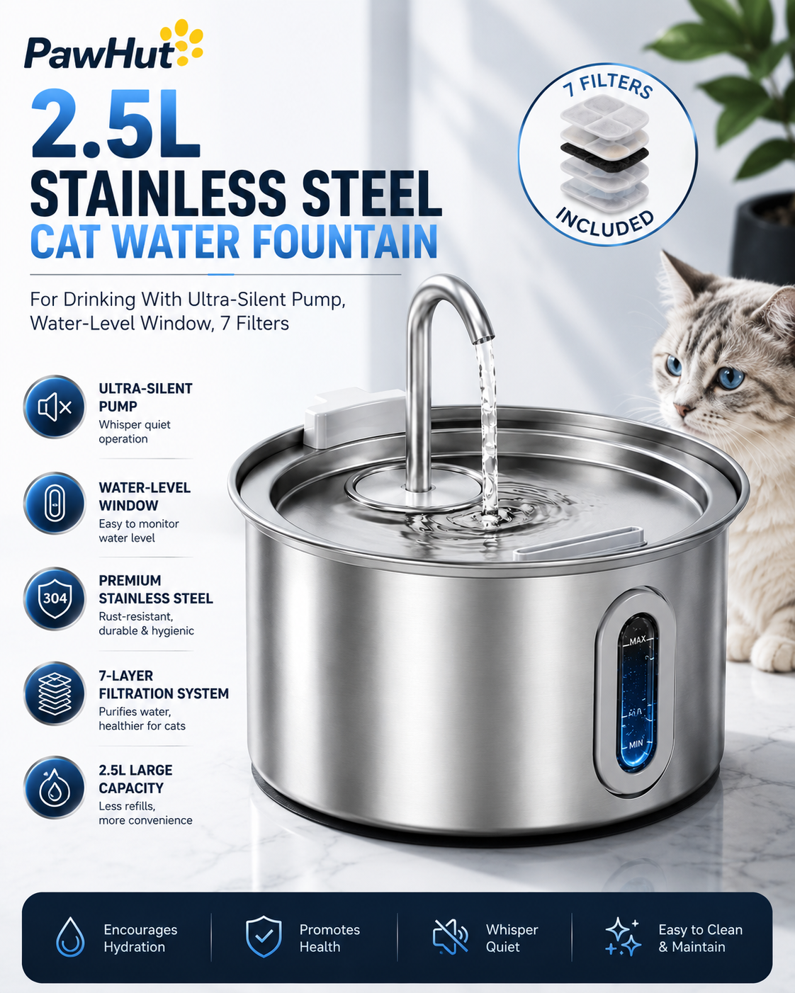 PawHut 2.5L Stainless Steel Cat Water Fountain For Drinking With Ultra-Silent Pump, Water-Level Window, 7 Filters