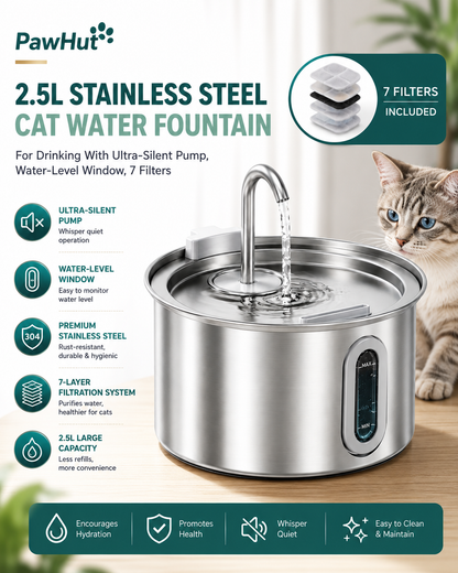 PawHut 2.5L Stainless Steel Cat Water Fountain For Drinking With Ultra-Silent Pump, Water-Level Window, 7 Filters