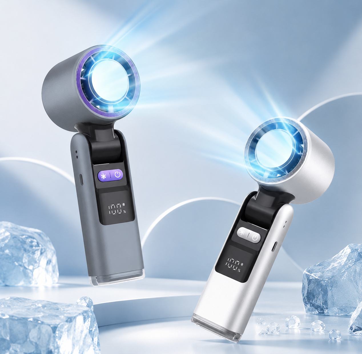 Ice-Cooling Handheld Portable Fan Rechargeable High-Speed Small Fan with Foldable Neck Design
