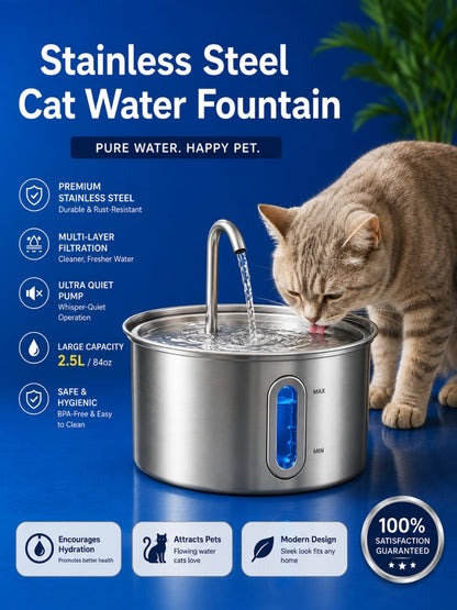 PawHut 2.5L Stainless Steel Cat Water Fountain For Drinking With Ultra-Silent Pump, Water-Level Window, 7 Filters