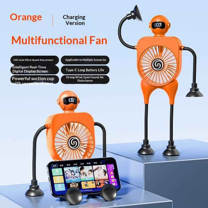 Robot Fan USB Rechargeable Desk Fan Mini Digital Display Table Fan With Suction Cup Portable Cooling Office Car Travel