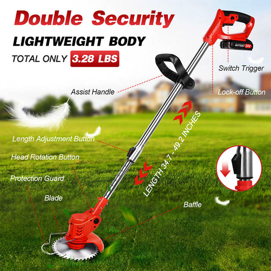 24V Cordless Electric Grass Trimmer, Weed Cutter & Strimmer Set with Wheels, 2 Batteries Included